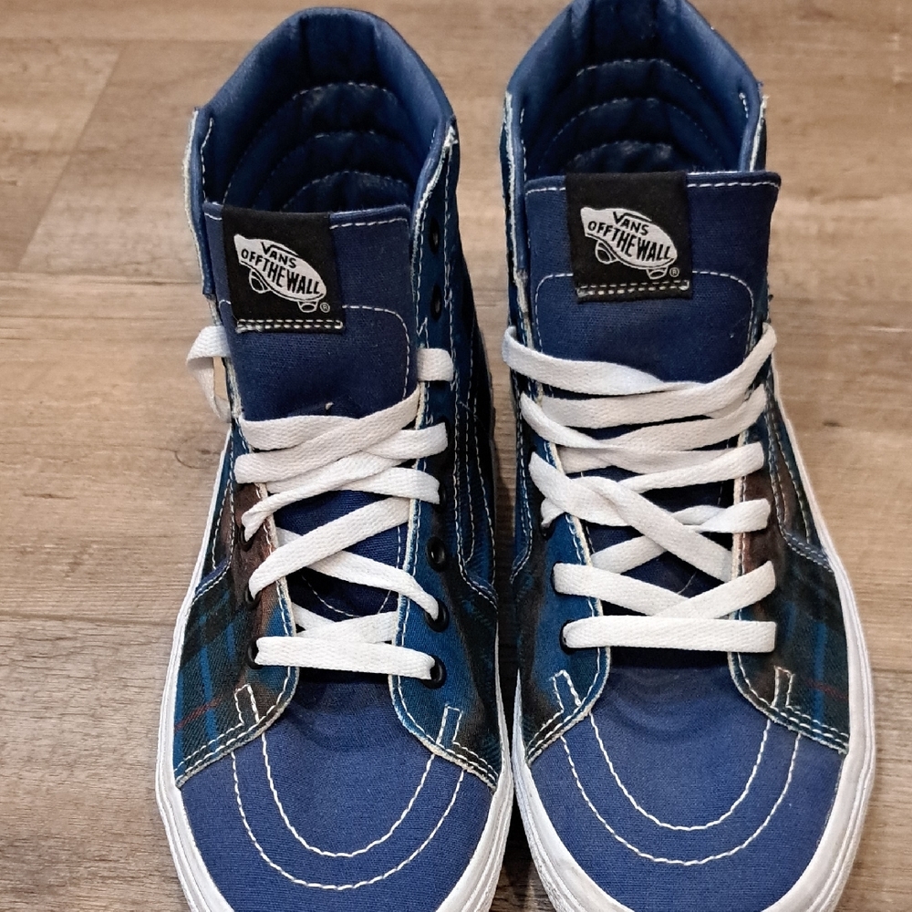 Vans Blue and White High-Top Sneakers with Canvas Body